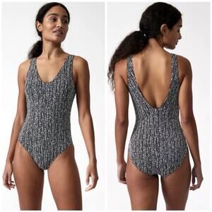 ATHLETA Seychelles One Piece Swimsuit Medium Black White Rice Print UPF50